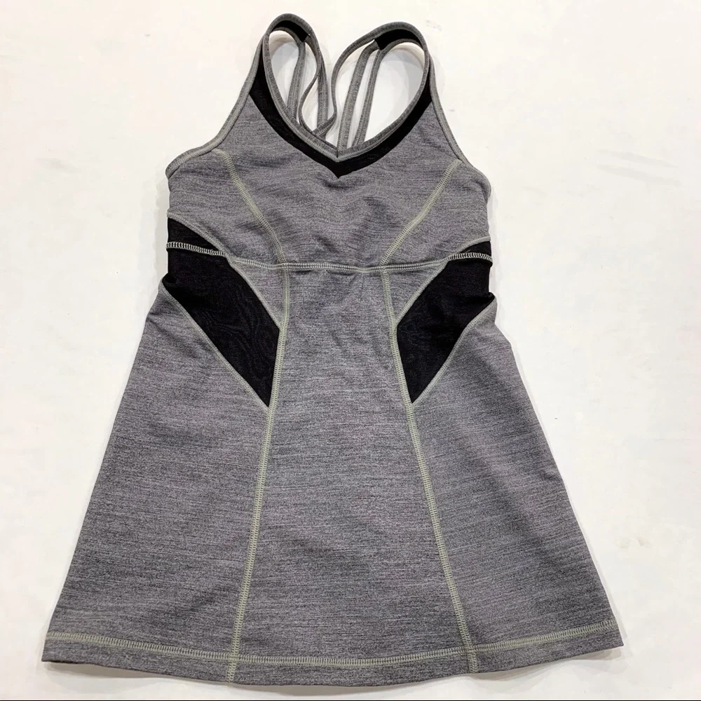 Lululemon Strap It Like It’s Hot Tank Gray Black Mesh Criss Cross Back Size 4